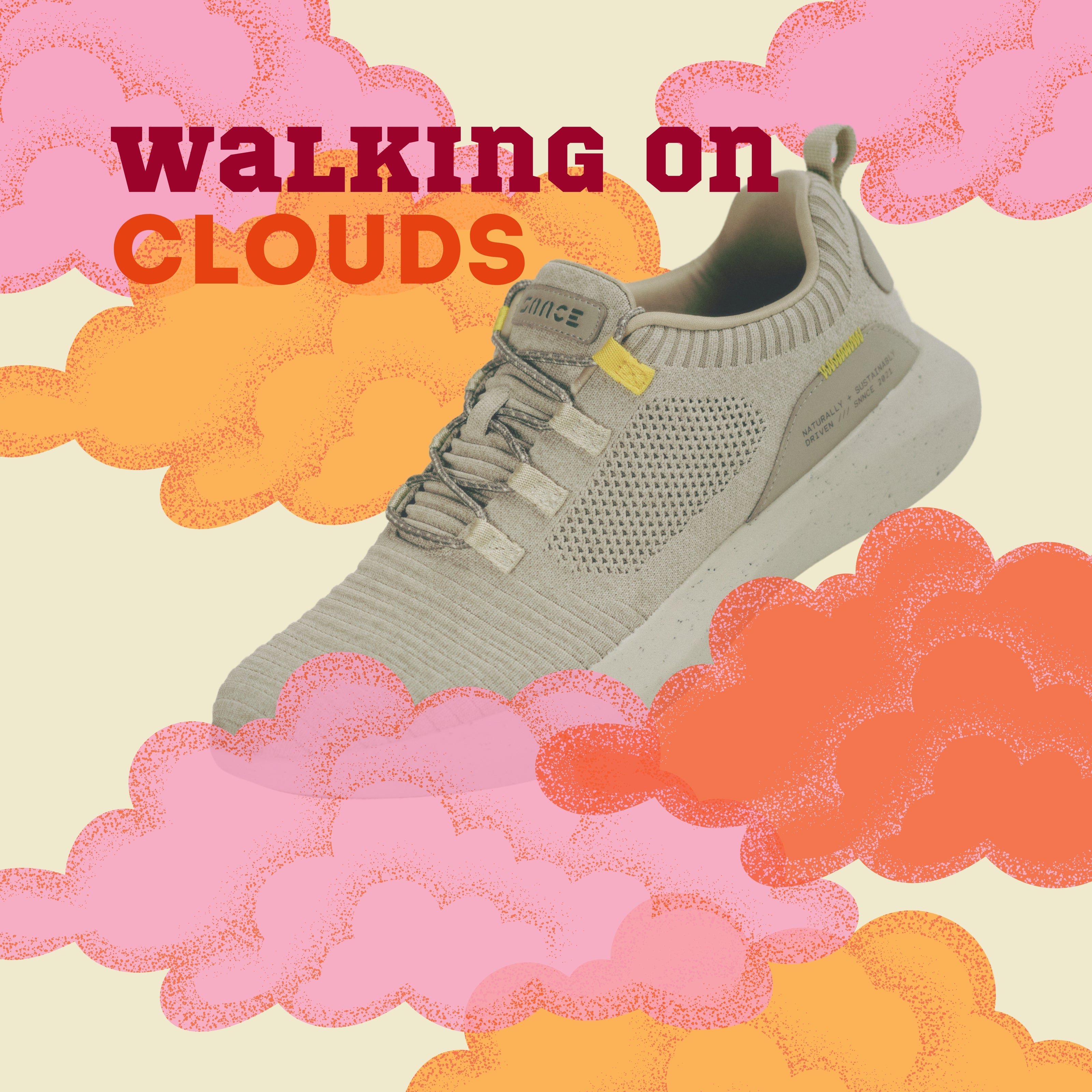 SNNCE Tabi Sneakers floating on colorful cartoon clouds