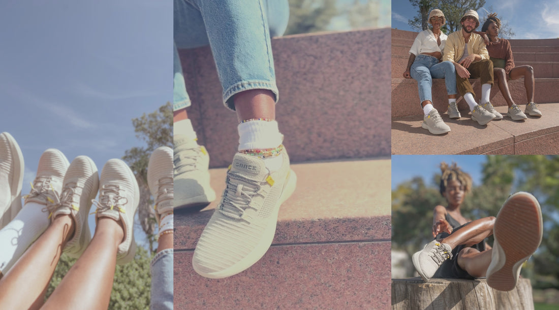 A collage of images of men and women wearing SNNCE sneakers at a park in the summer